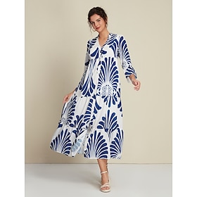 Chiffon Folk Print 3/4 Length Sleeve V Wire Maxi Dress