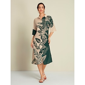 Leaf Print Half Sleeve Midi Shirt Dress