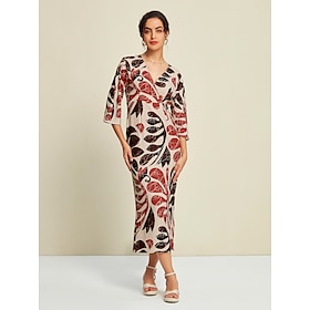 Satin Trees Leaves Print V Neck Maxi Dress