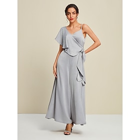 Satin Wedding Guest Cape Sleeve V Neck Party Jumpsuit