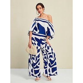 Abstract Casual Puff Sleeve Elegant Bateau Two Piece Set