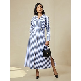 Cotton Stripe Button Up Maxi Shirt Dress