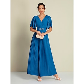 Dark Blue Chiffon Pleated Party/Wedding Guest Short Sleeve V Neck Maxi Dress dress to impress 2024