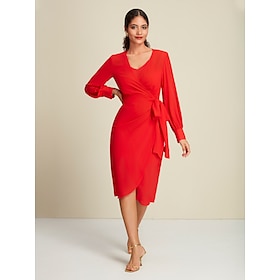 Red Chiffon Plain Party/Wedding Guest Tie Front Knot Wrap Long Sleeve Dress Set dress to impress 2024