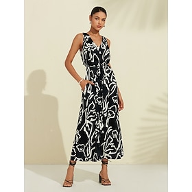 Satin Graphic Print V Neck Maxi Dress