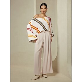 Satin Multi Color Stripe Slash Neck Blouse Beige Casual Daily Pants Two Piece Sets