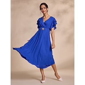 Women's Chiffon Dress Royal Blue Short Sleeve Solid Color Ruffle Belted Summer Spring Fall V Neck Elegant Party/Wedding Guest S M L dress to impress 2024