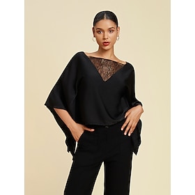 Women's Summer Tops Solid / Plain Color Casual Daily Weekend Batwing Sleeve Black Lace Dolman Casual Daily Bateau Summer